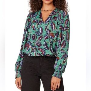Democracy Leaf Print V-Neck Blouse Metallic Cottagecore Cropped Women's PM